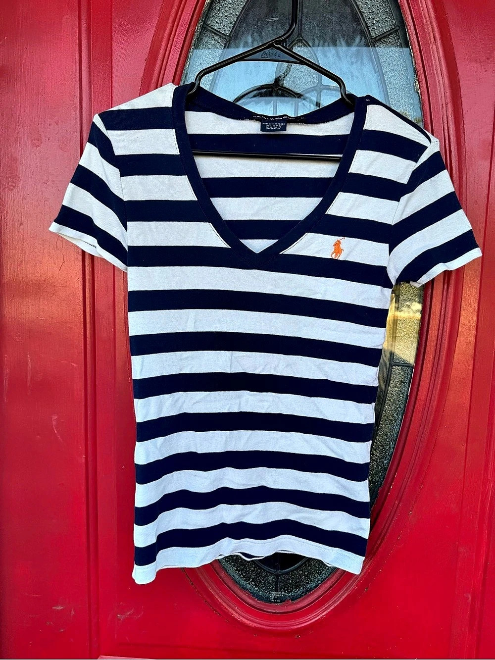Lauren Ralph Lauren Striped V-Neck Cotton Tee in Blue & White Size Medium